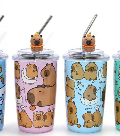 Kapibara Capybara Figürlü Isı Muhafazalı Metal Pipetli Paslanmaz Çelik Kupa Alk4429